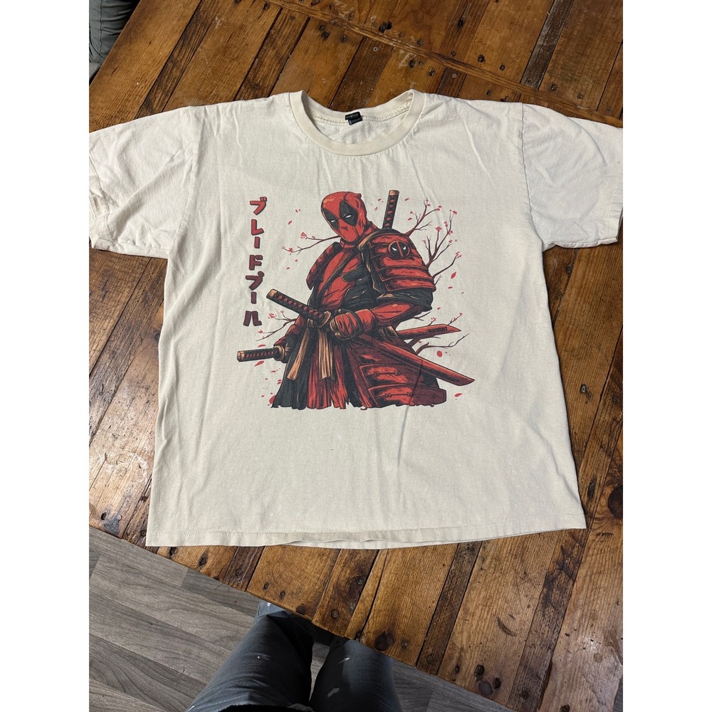 Marvel Deadpool Samurai Graphic Tee Cream Mens L Anime‎ Streetwear Y2K